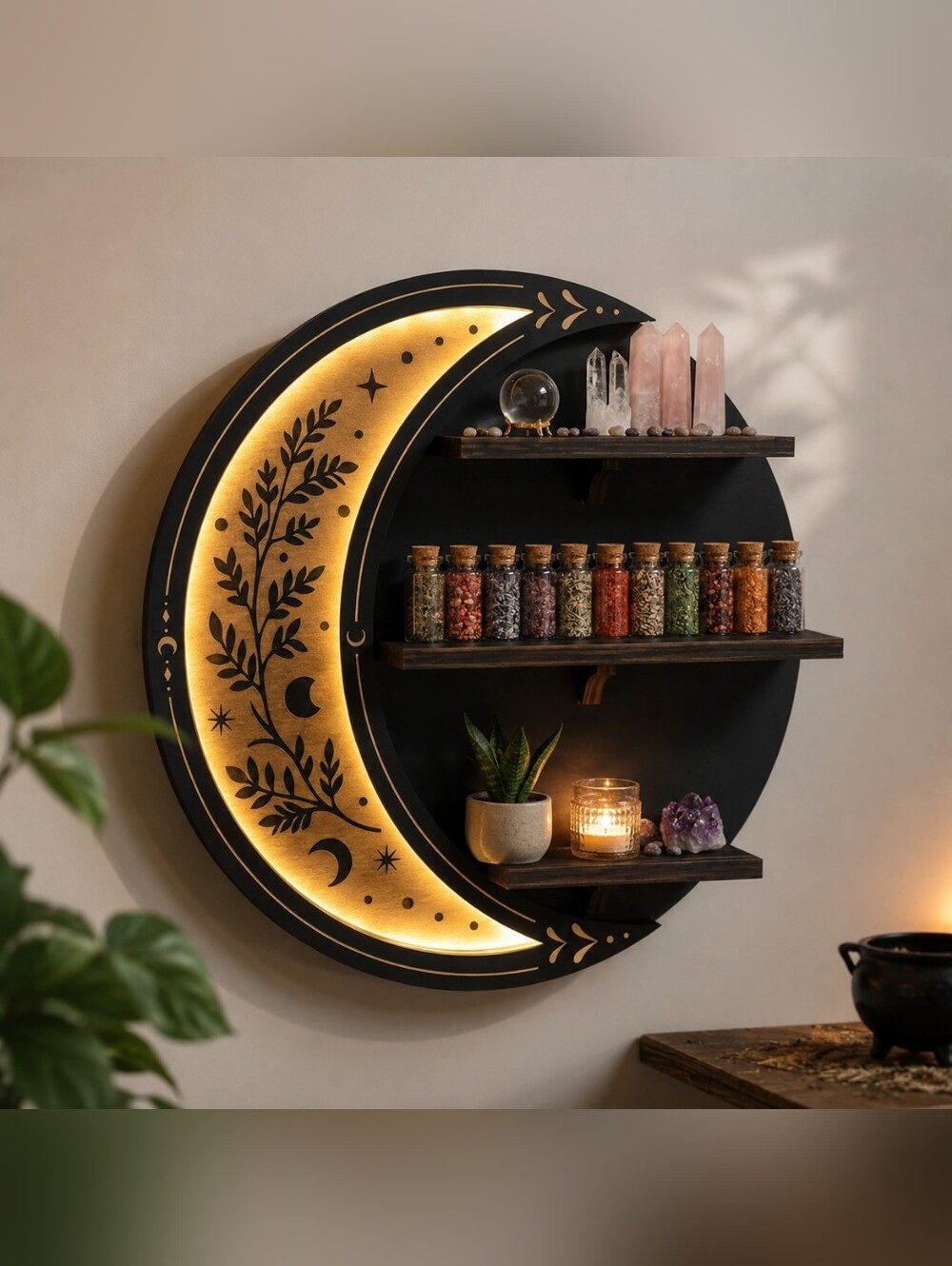 Crescent Moon Wall Shelf LED Lighted Wooden Crystal Display Shelf 3 Tier Decor